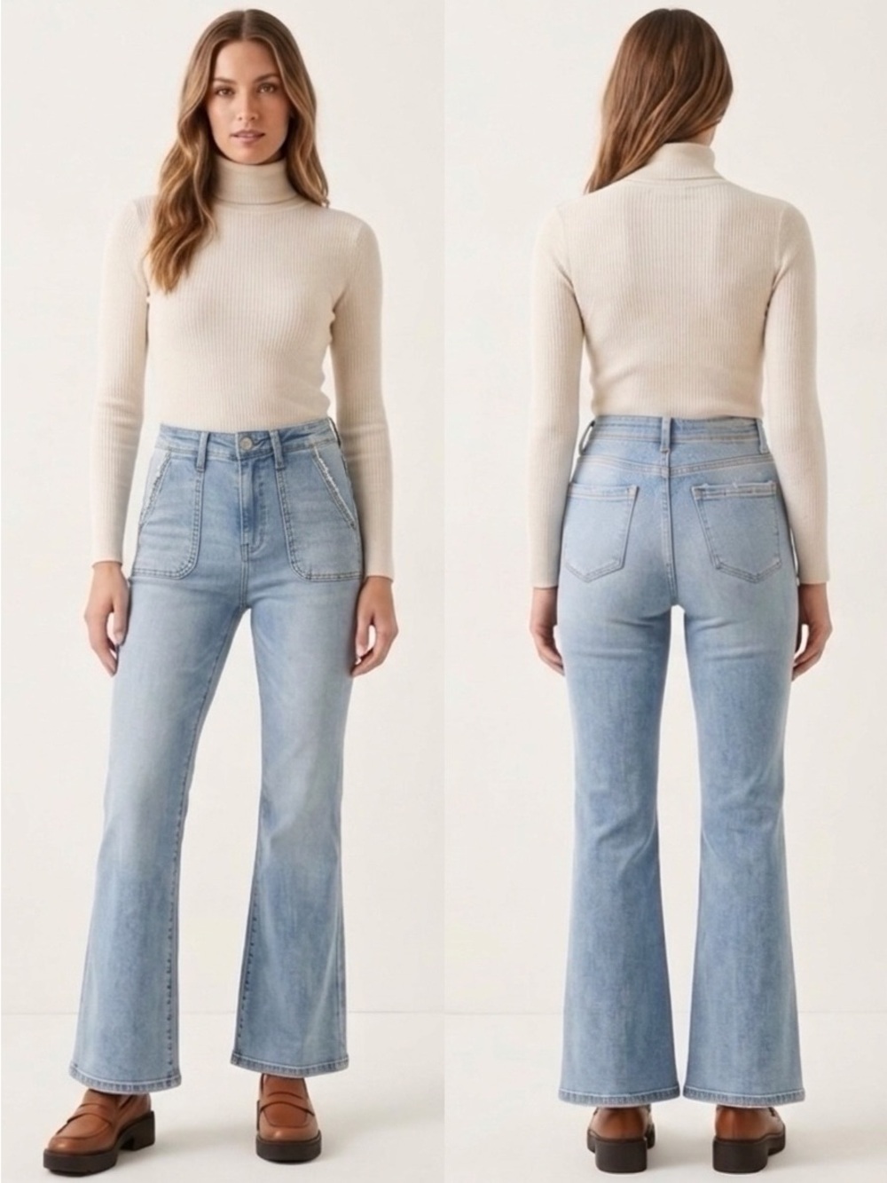 Kensie Jeans The Savannah High Rise Flare Patch Pocket Distressed Blue Denim 6